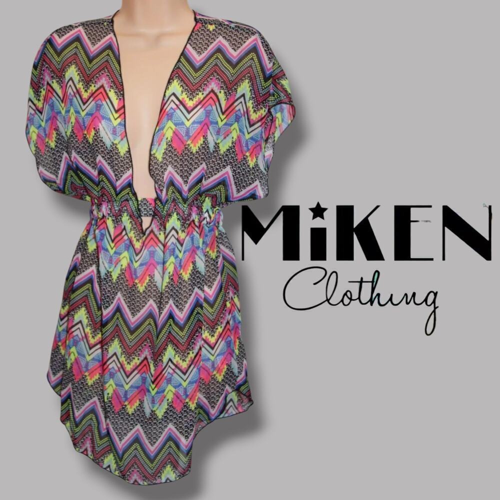 Miken Swim Women’s Multicolor Chevron Deep V-Neck Sleeveless Cover-Up – Size XS - Picture 7 of 9